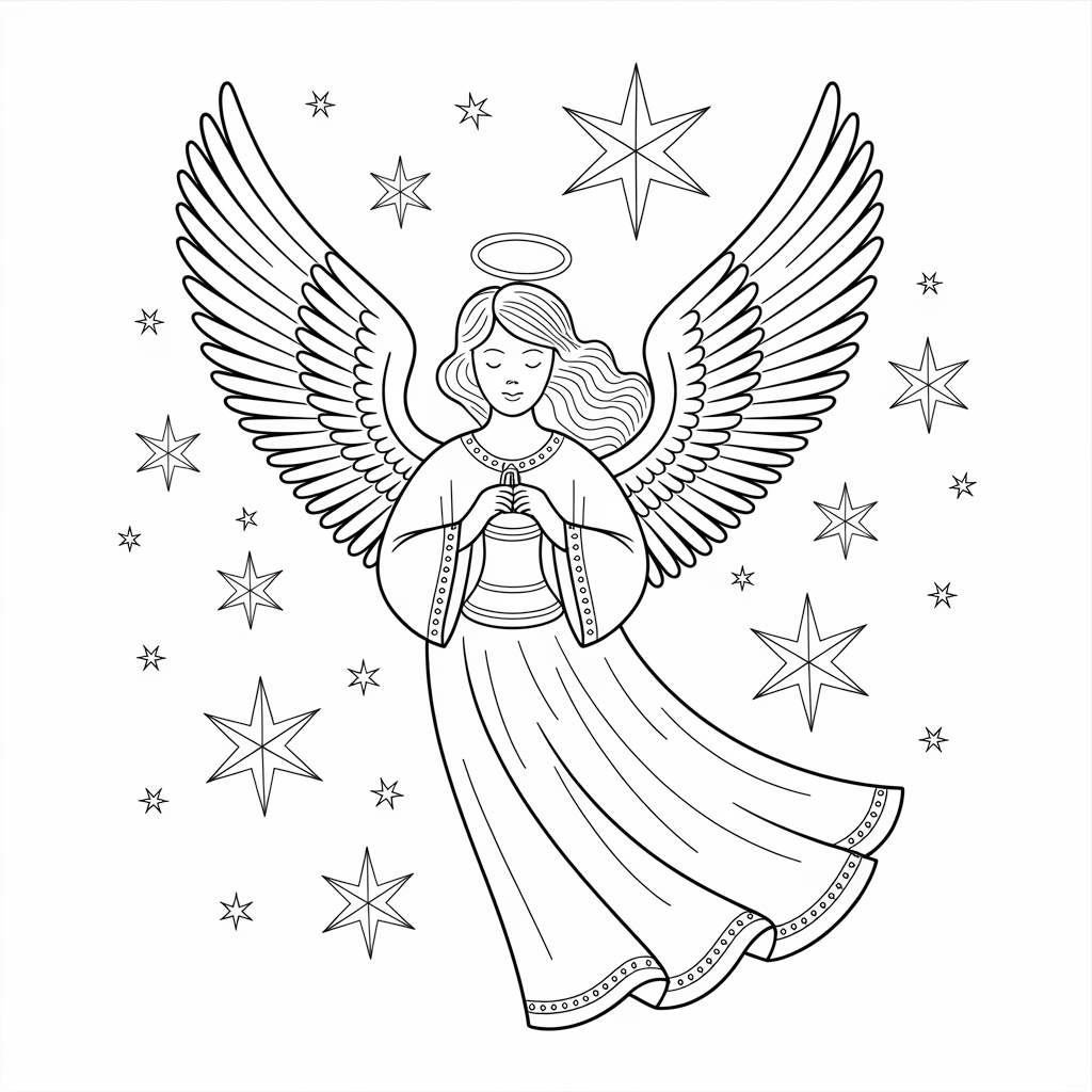 Angel with Christmas Bell Coloring Pages for Children