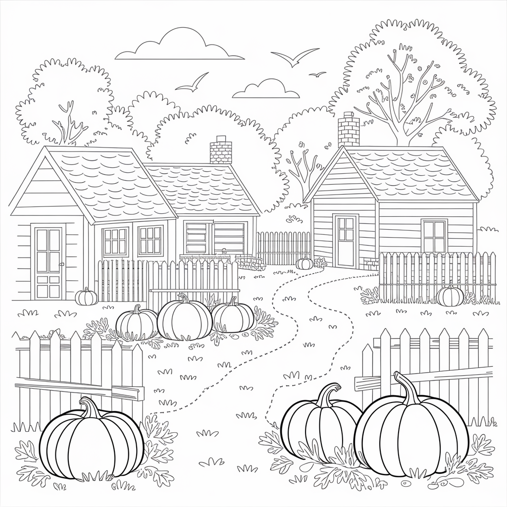 Autumn Village Scene with Cottages and Pumpkin Patches