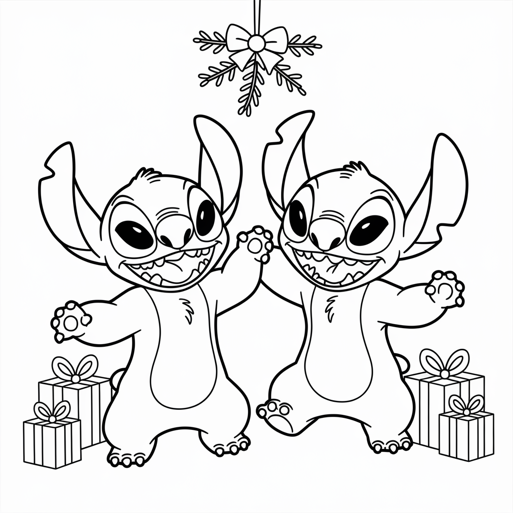 Angel and Stitch Christmas Dance Coloring Page for Kids
