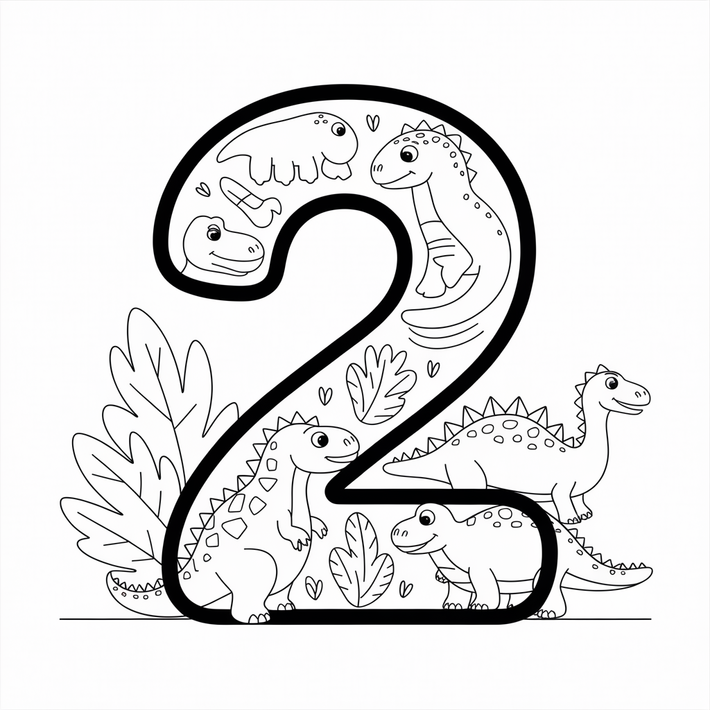  Number 2 Coloring Page with Dinosaurs for Kids