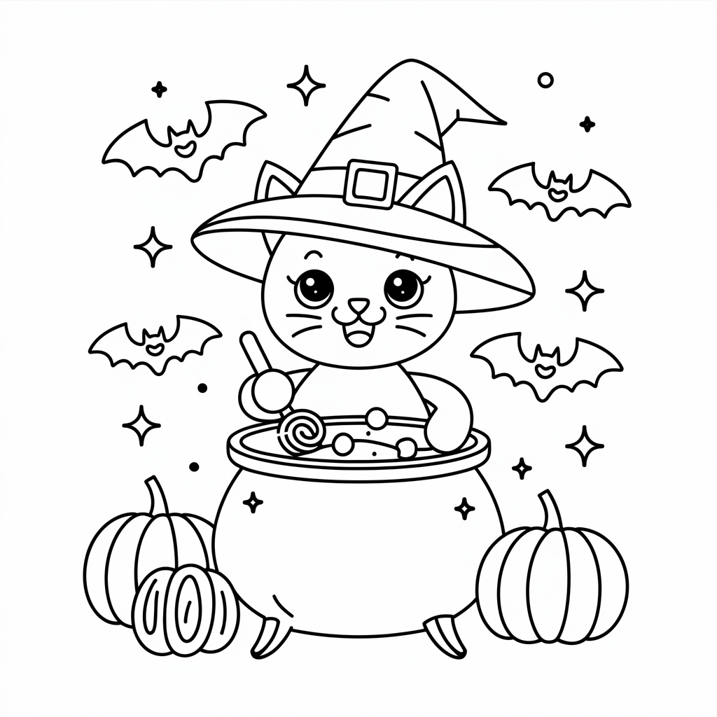 Witch’s Cat and Cauldron Halloween Coloring Pages for Preschoolers