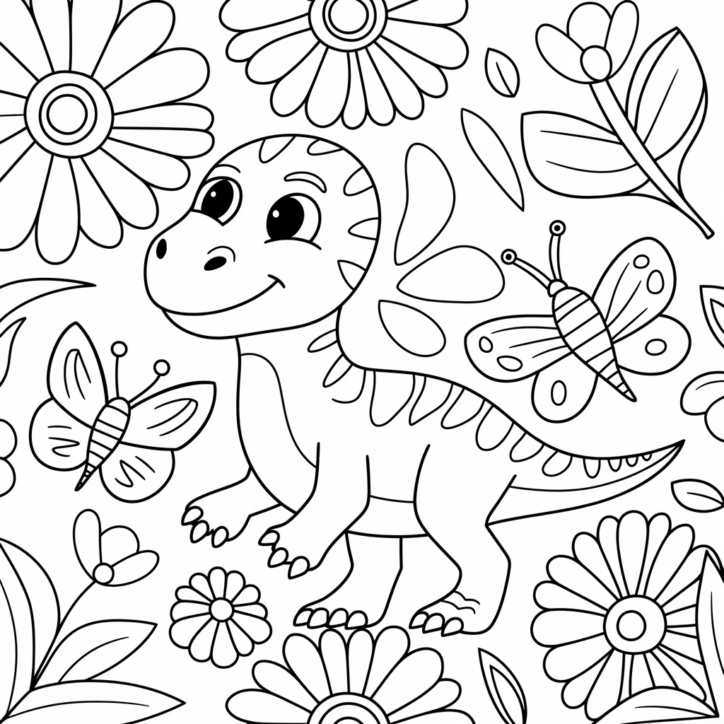 Cute Dino with Flowers Coloring Page