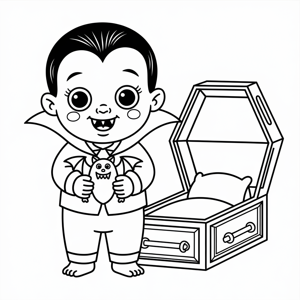 Baby Vampire in Pajamas Coloring Page with Bat Teddy 