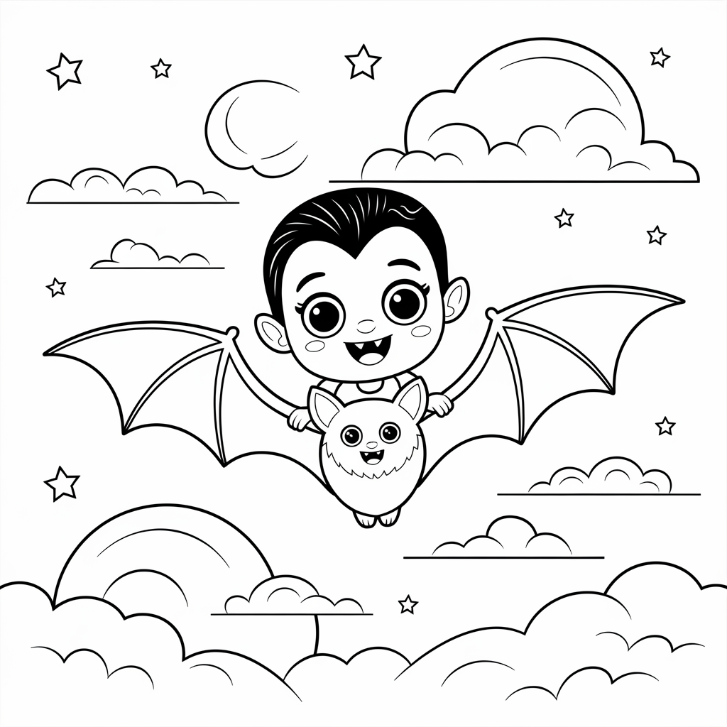 Baby Vampire Riding Friendly Bat Coloring Page