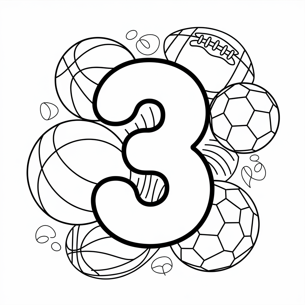Number 3 Coloring Page with Sports Theme