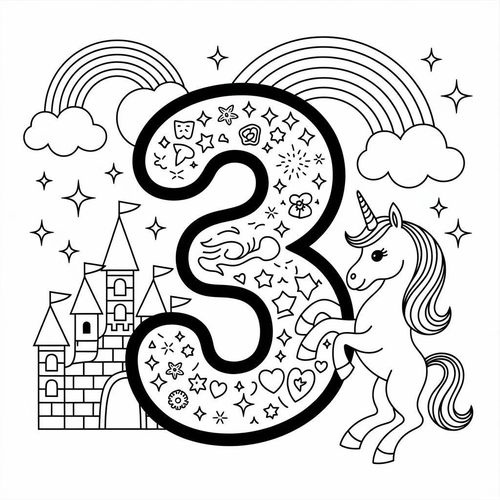 Number 3 Coloring Page with Fairy Tale Theme