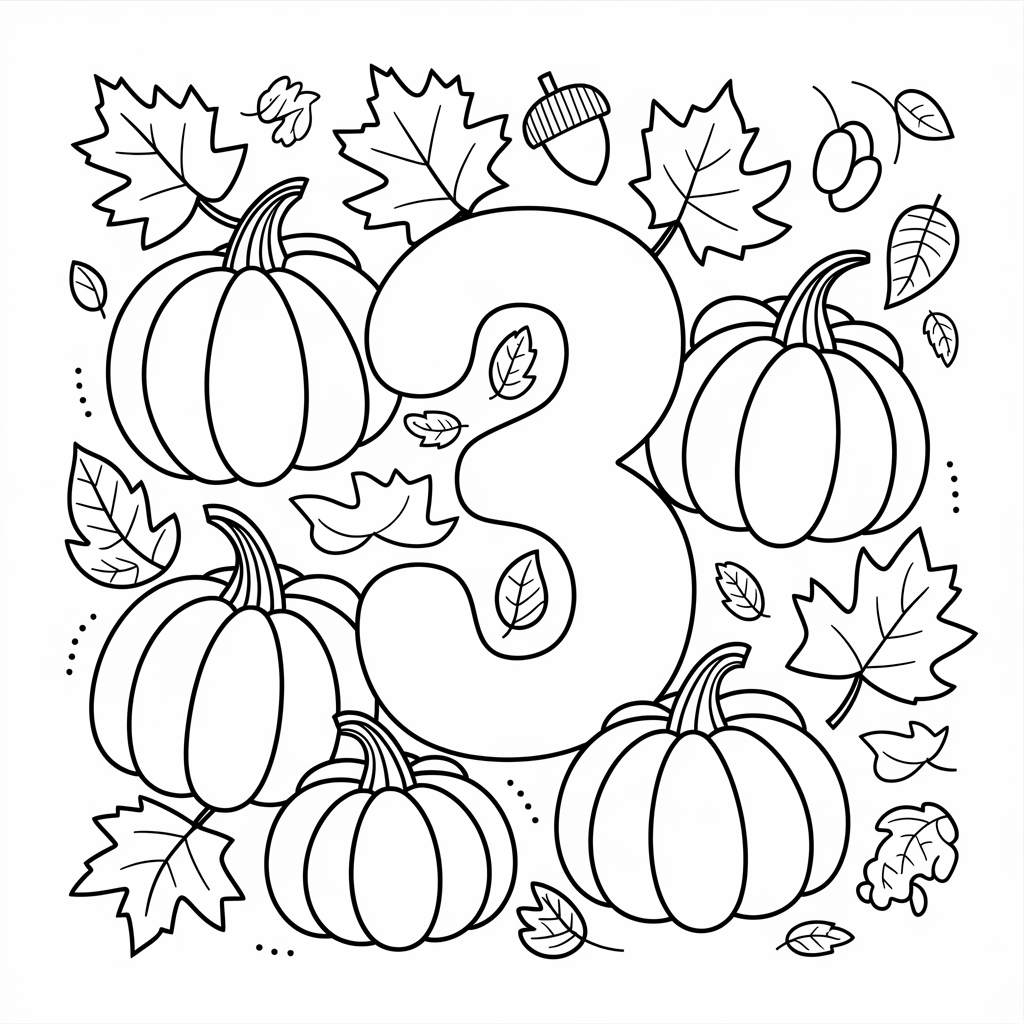  Number 3 Coloring Page with Seasonal Theme – Autumn