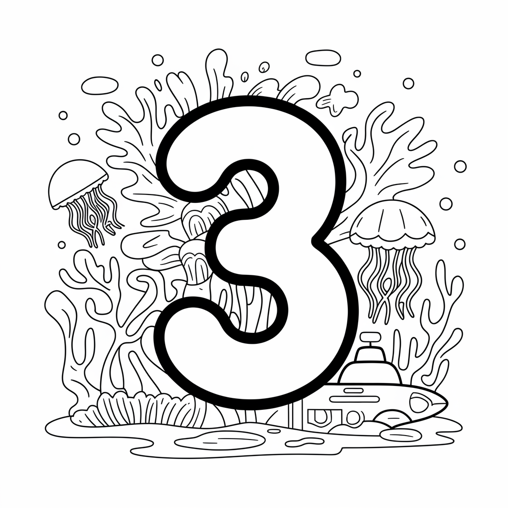  Number 3 Coloring Page with Underwater Adventure Theme