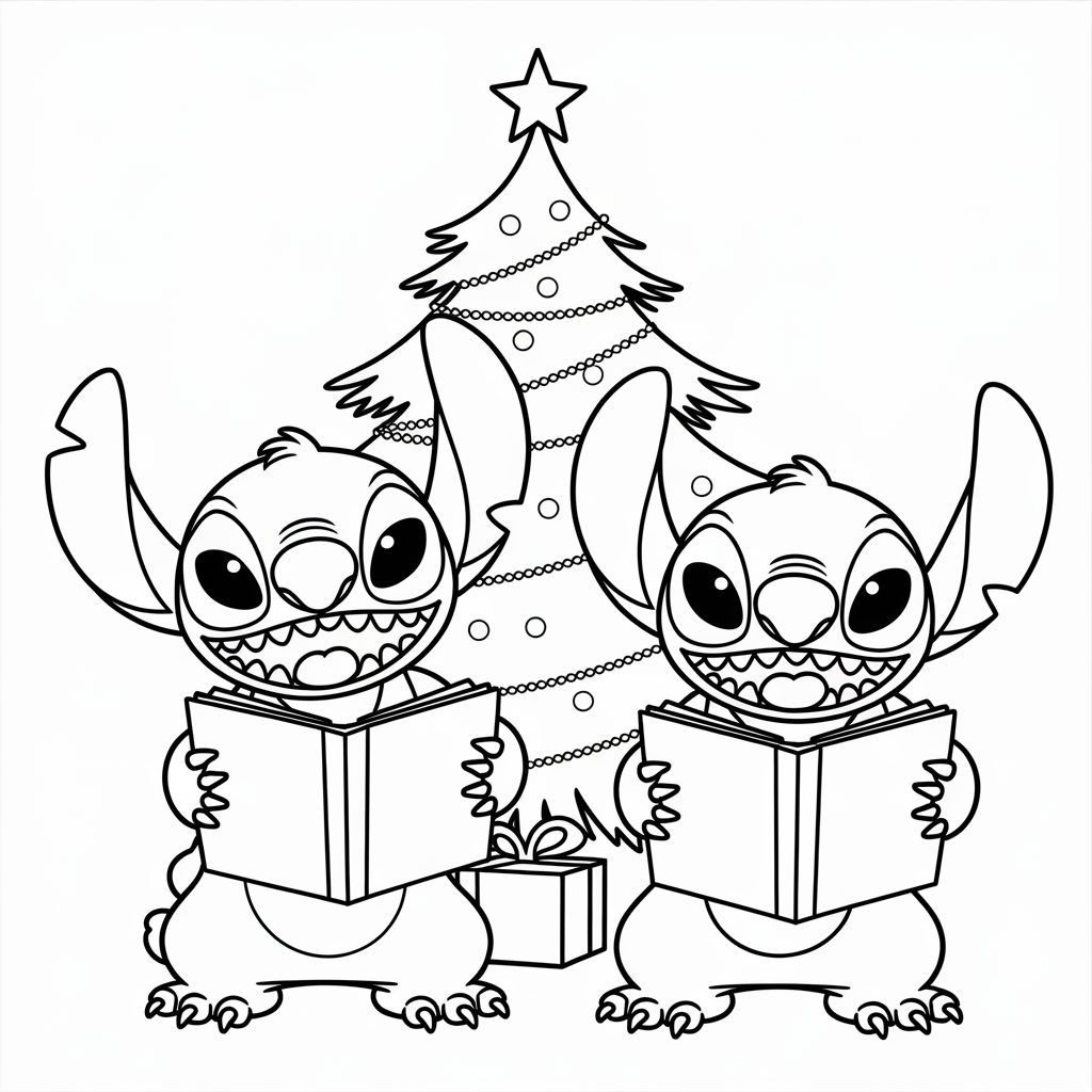 Stitch and Lilo Singing Caroling Christmas Coloring Page Printable