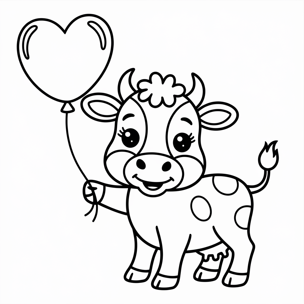 Baby Cow with Balloon Coloring Page 