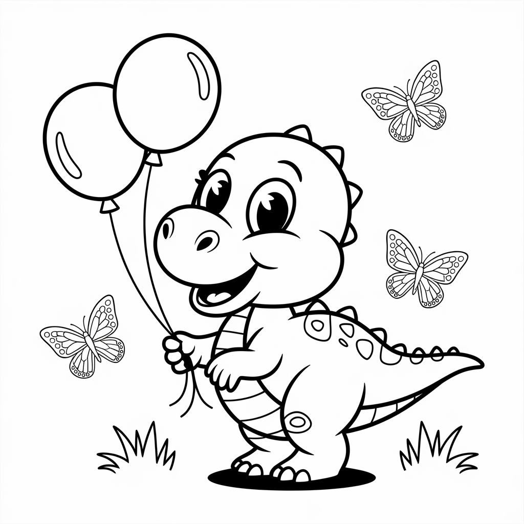 Cute Dino with Balloons Coloring Page 