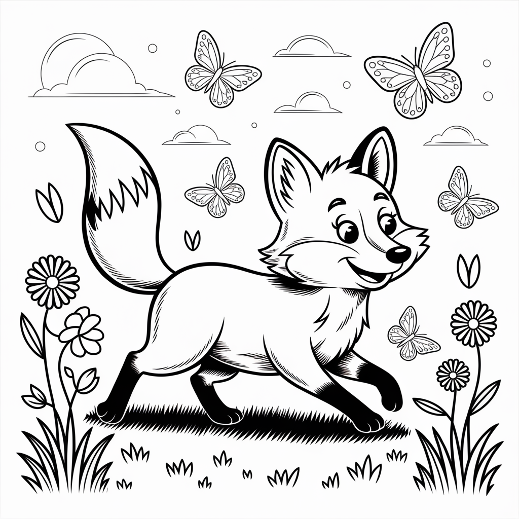 Fox Chasing Butterflies Coloring Pages 