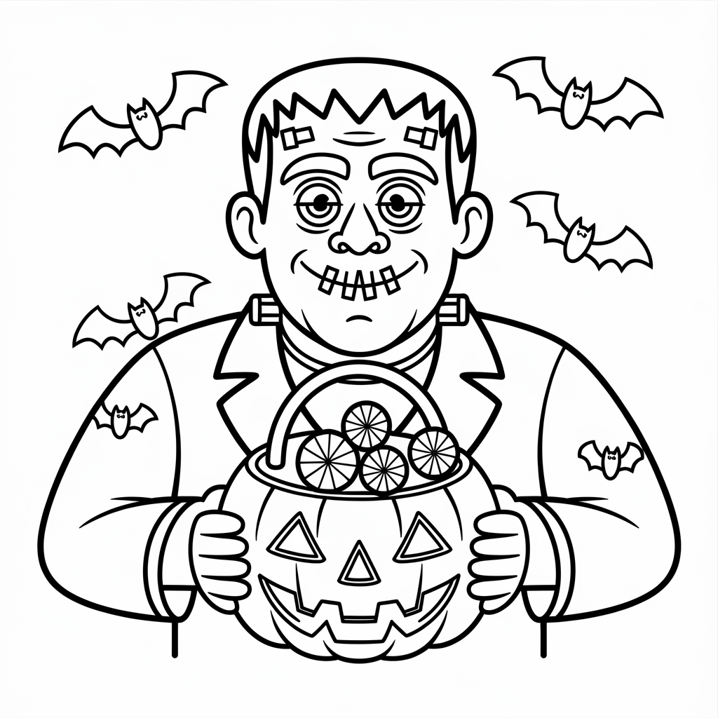 Frankenstein Trick-or-Treat Basket Halloween Coloring Page