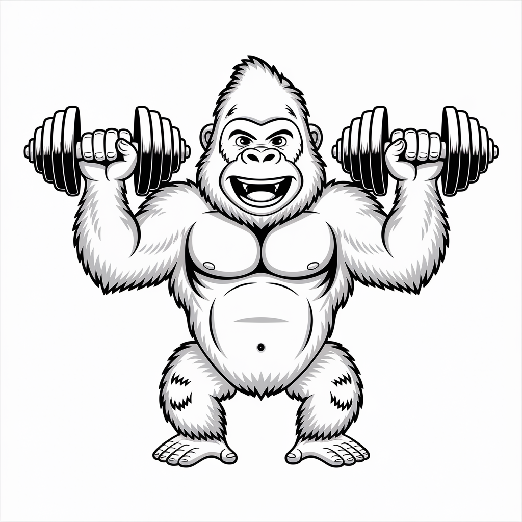 Cartoon Gorilla Lifting Weights Coloring Pages 