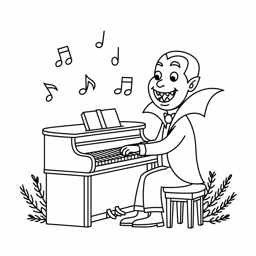 Cartoon Vampire Playing Piano Coloring Page 