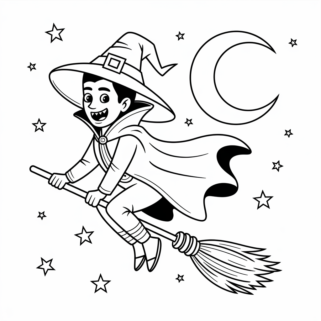Vampire Flying on Broomstick Coloring Page – Free Halloween Kids Printable