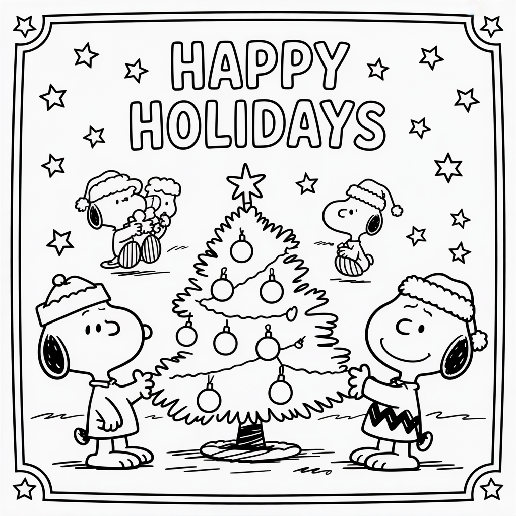 Charlie Brown and Snoopy Christmas Card Coloring Page Free