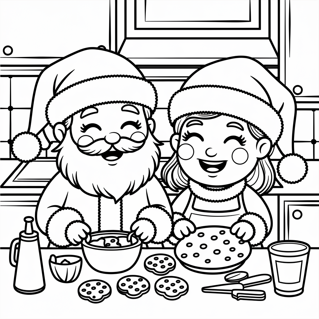Adorable Chibi Santa & Mrs. Claus Baking Coloring Page