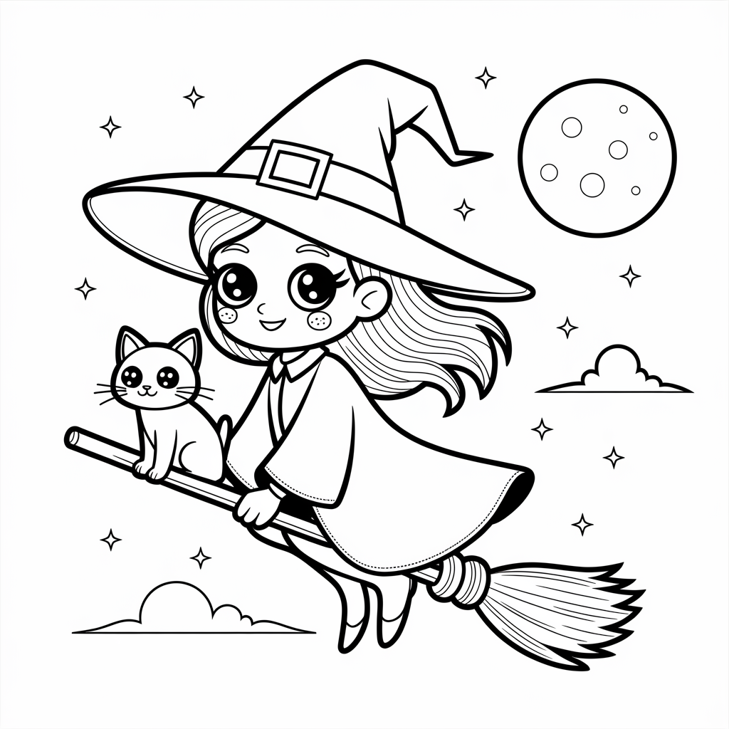 Chibi Witch Flying with Cat and Moon