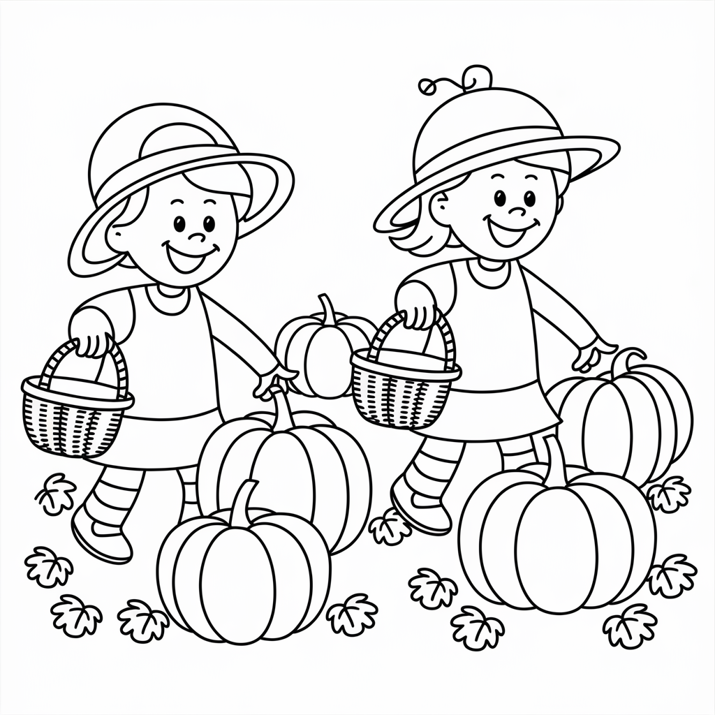 Kids Picking Pumpkins in the Patch Coloring Pages