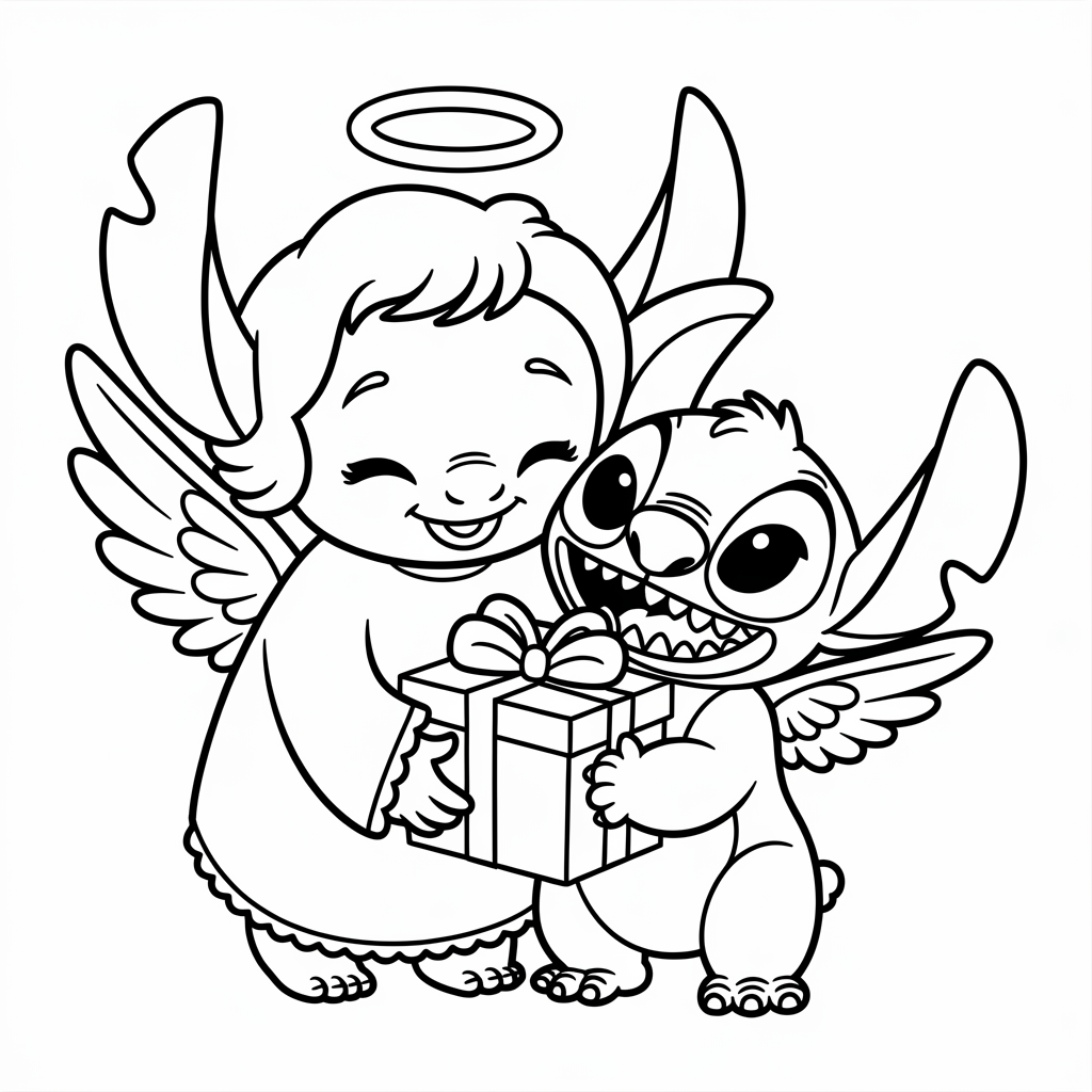 Angel Hugging Stitch with Gift Christmas Coloring Page Free Download