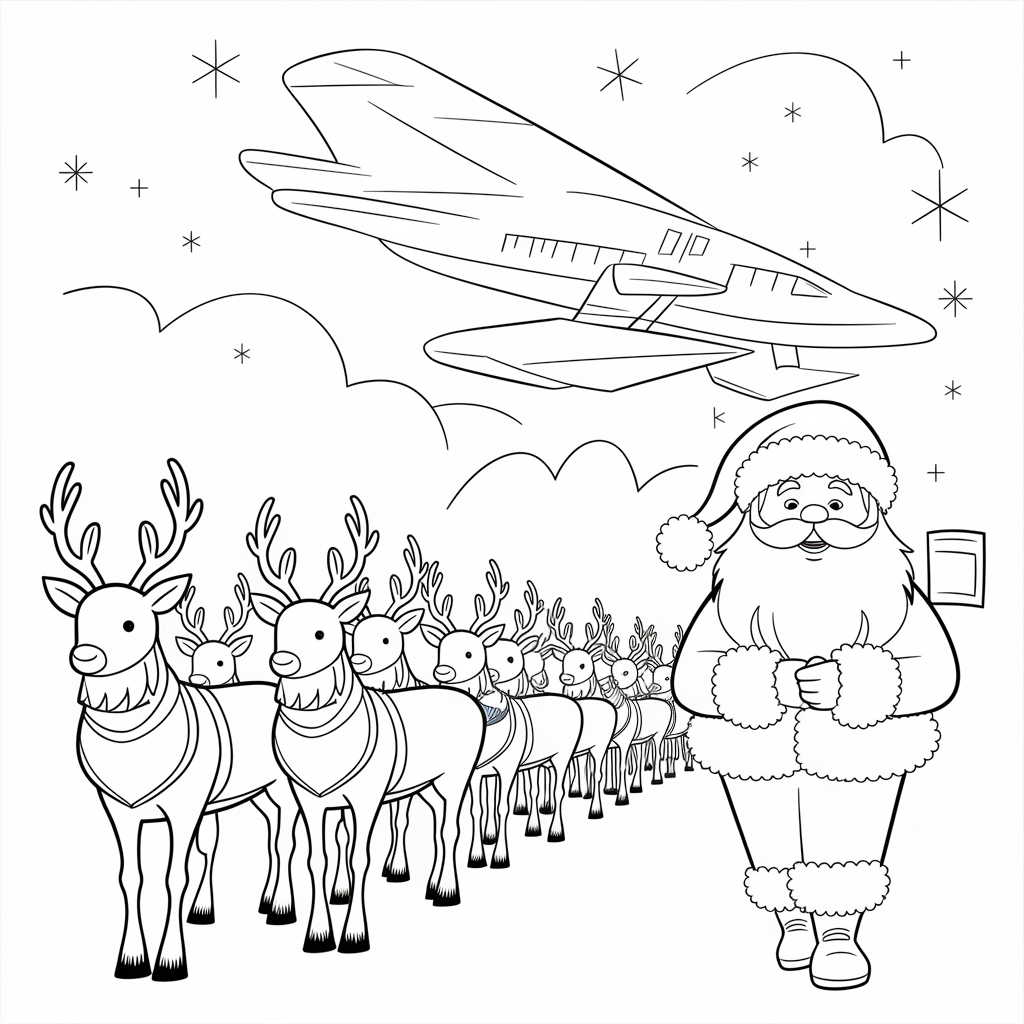 Christmas Eve Takeoff Reindeer Coloring Page with Santa and Sleigh