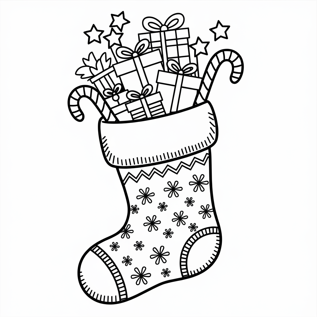 Giant Stocking Filled with Gifts Christmas Coloring Page Free Download
