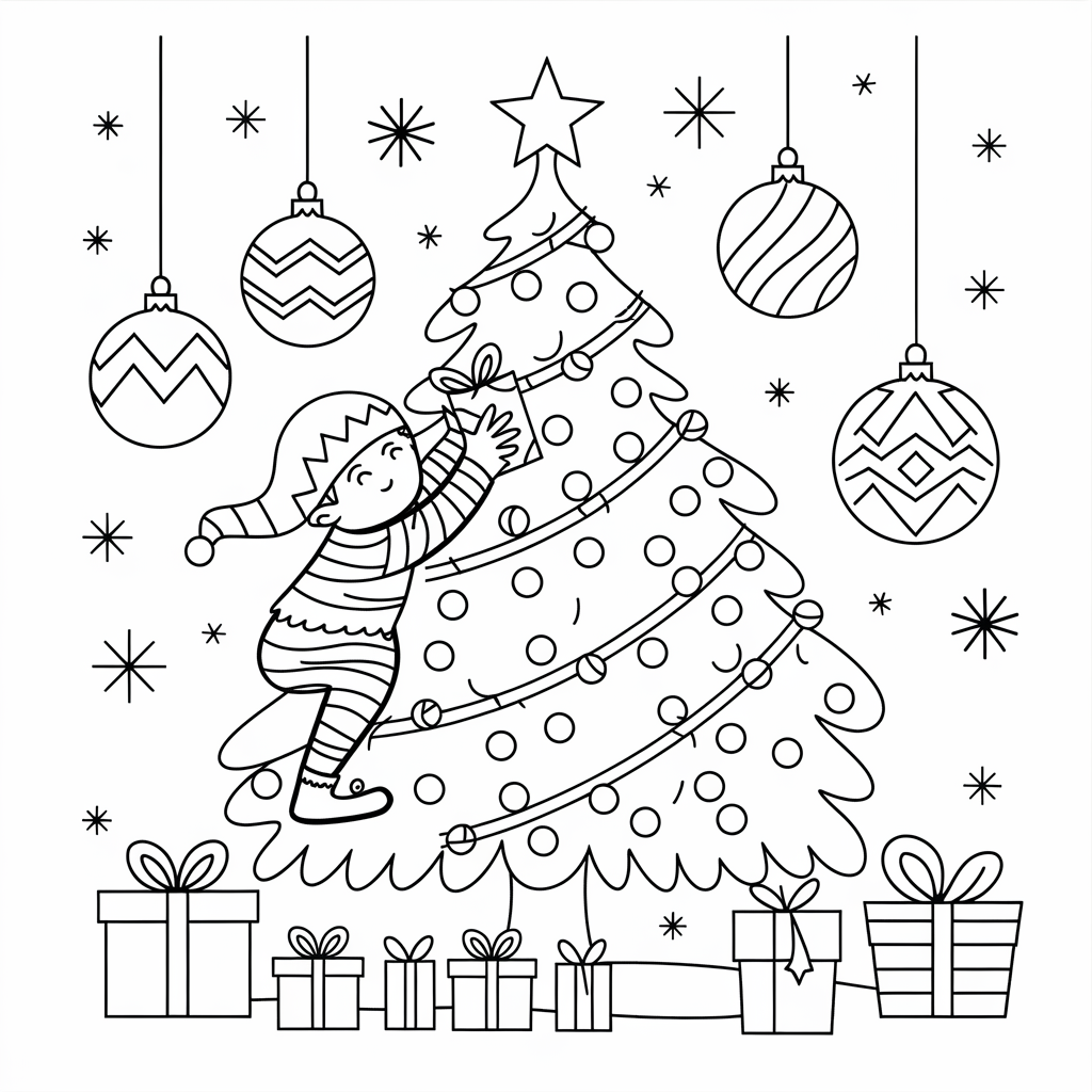 Elf Decorating a Christmas Tree 