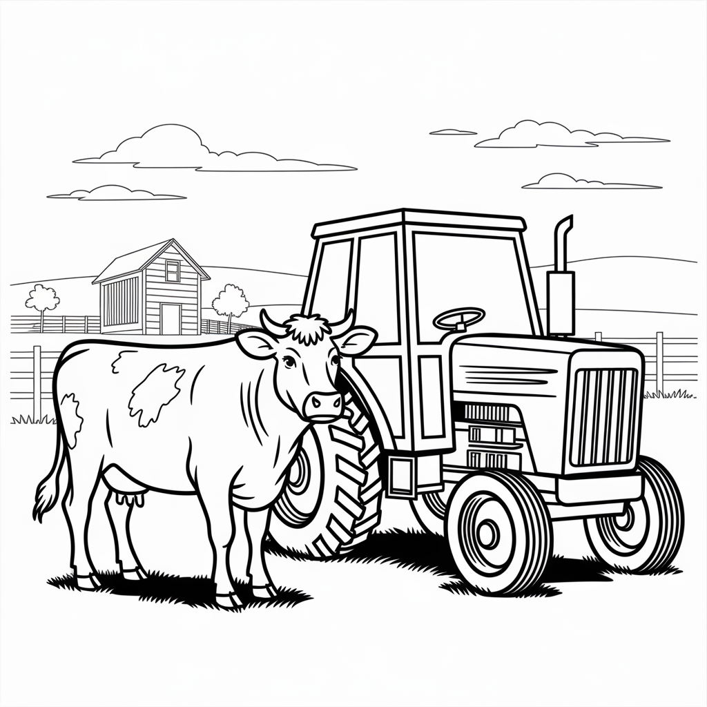 Cow and Tractor Coloring Page