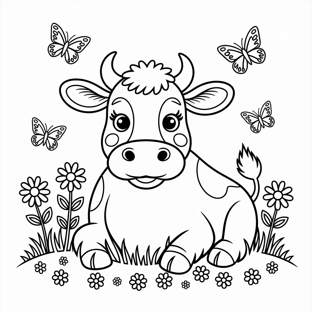 Peaceful Cow in Flowers Coloring Page 