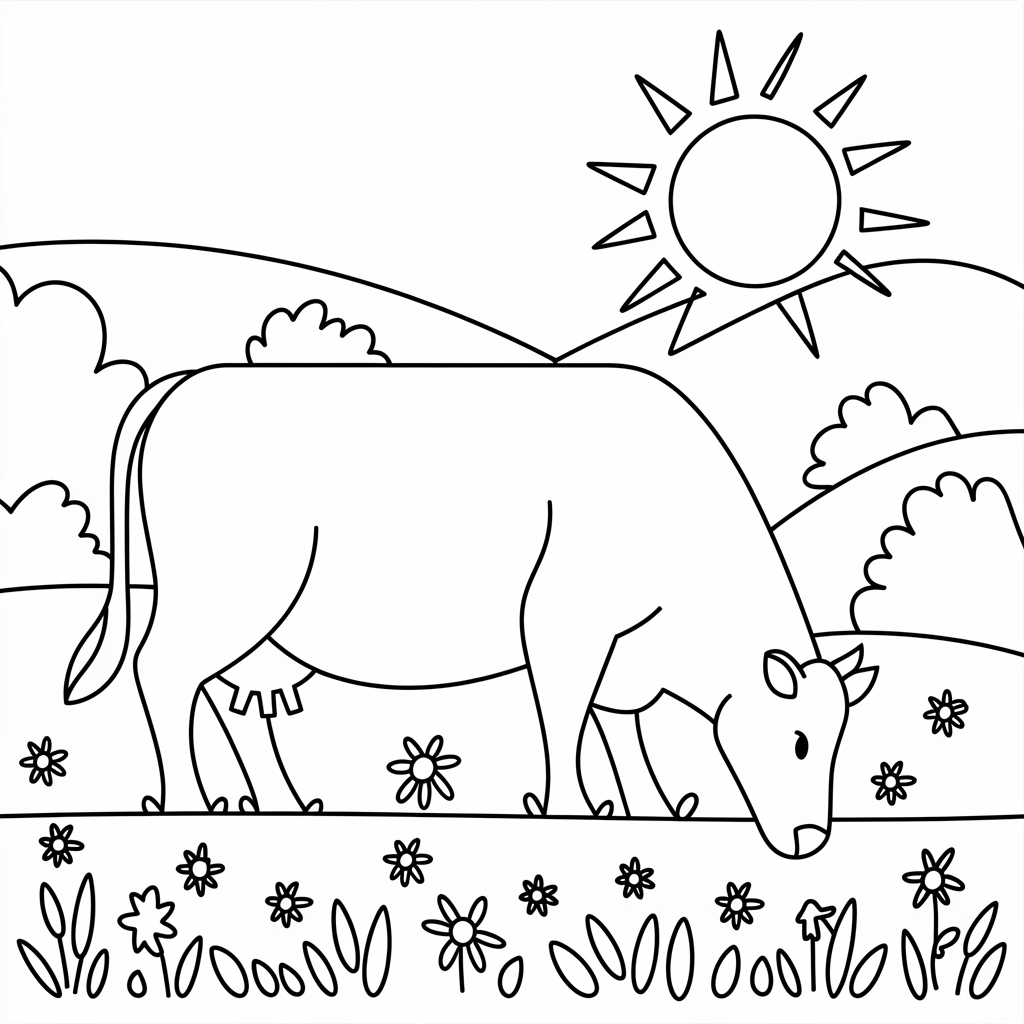 Cow in Meadow Coloring Page with Flowers and Sun