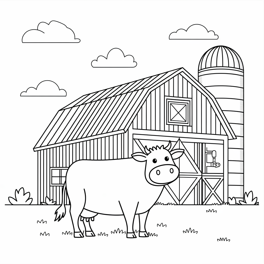 Farm Scene Cow Coloring Page with Barn and Silo