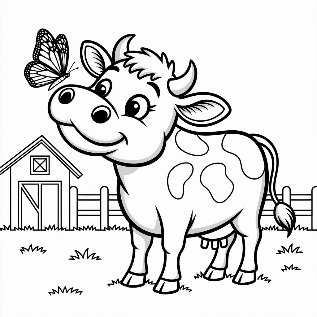 Curious Cow with Butterfly Coloring Page for Kids