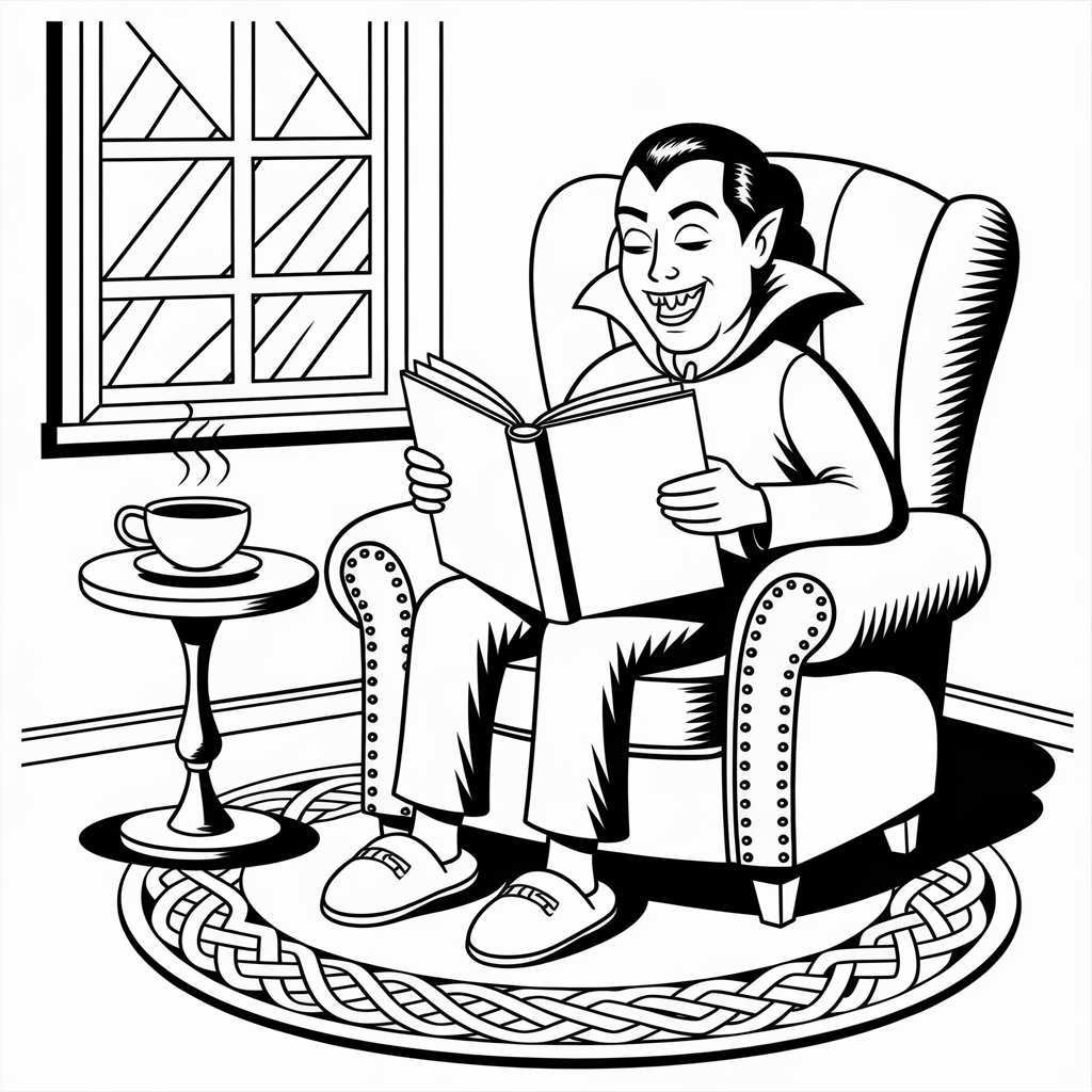 Cozy Vampire Reading Coloring Page