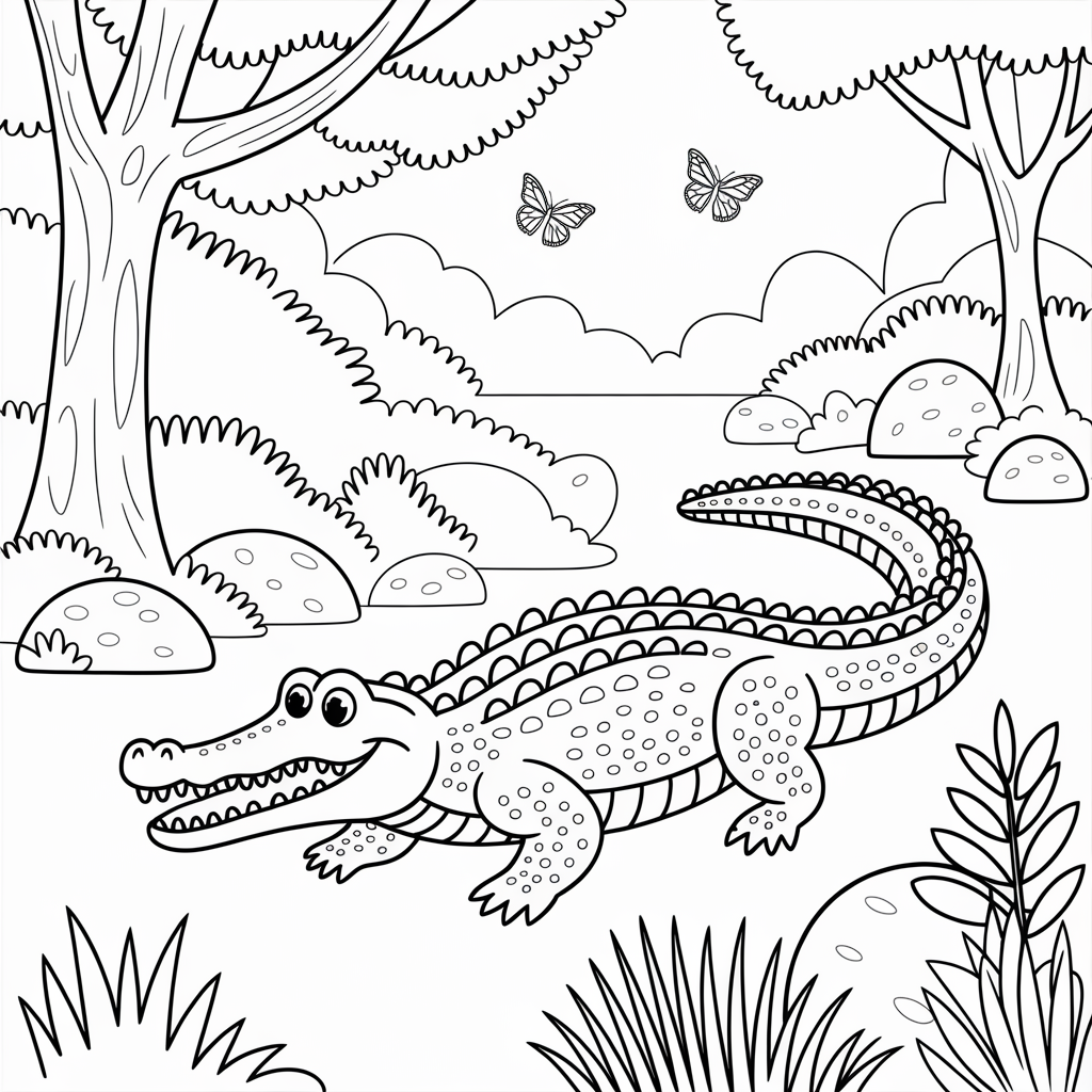 Crocodile Adventure Scene Coloring Page