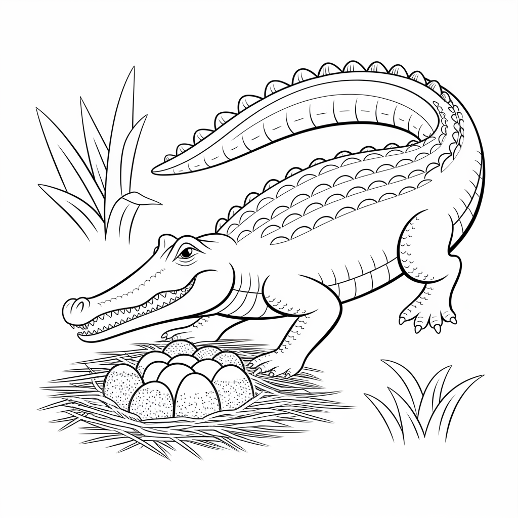 Crocodile and Eggs Coloring Page 