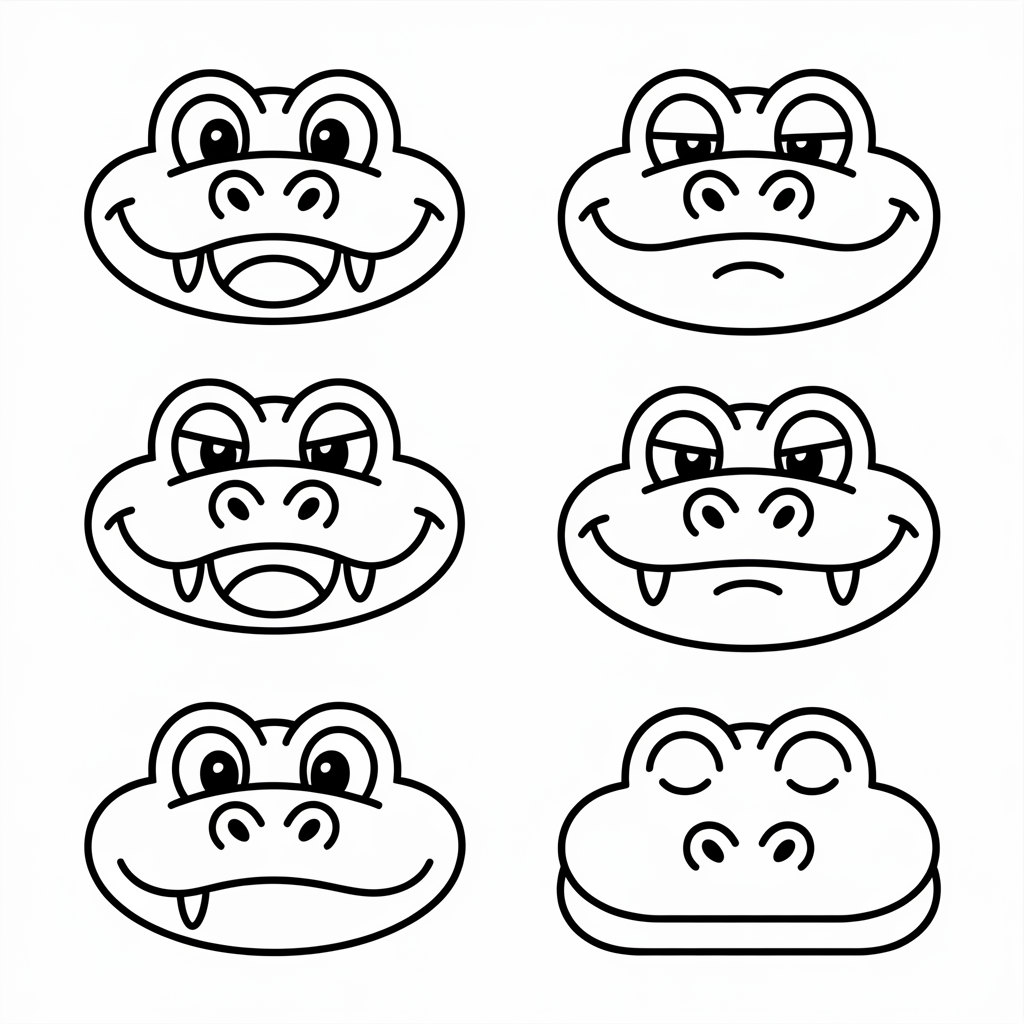 Crocodile Cartoon Faces Coloring Page Collection 
