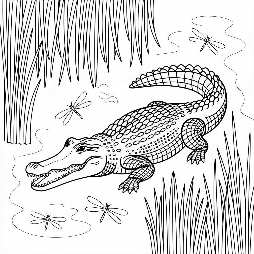 Crocodile in Swamp Coloring Page