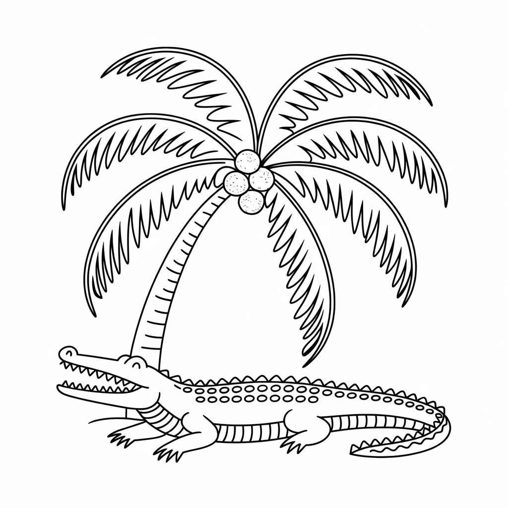 Crocodile Under Palm Tree Coloring Page 