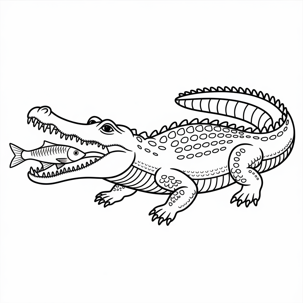 Crocodile with Fish Coloring Page