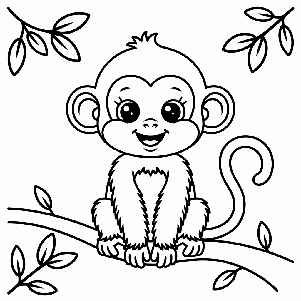 Cute Baby Monkey on Tree Branch Coloring Page