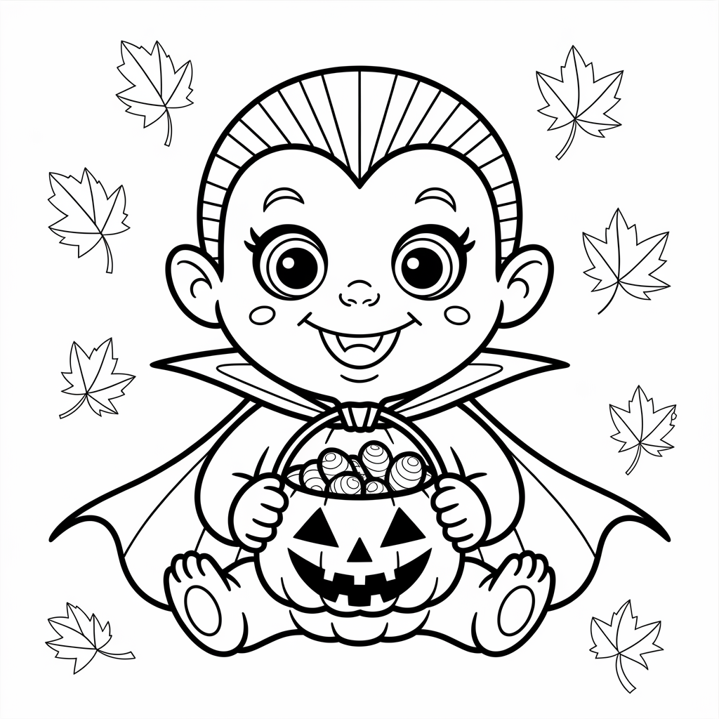 Cute Baby Vampire Coloring Page with Pumpkin Candy Bucket 
