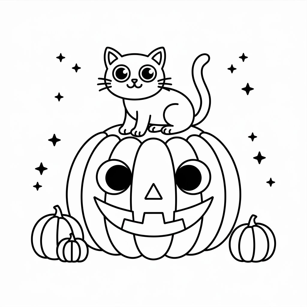 Easy Halloween Coloring Pages with Black Cat on a Pumpkin
