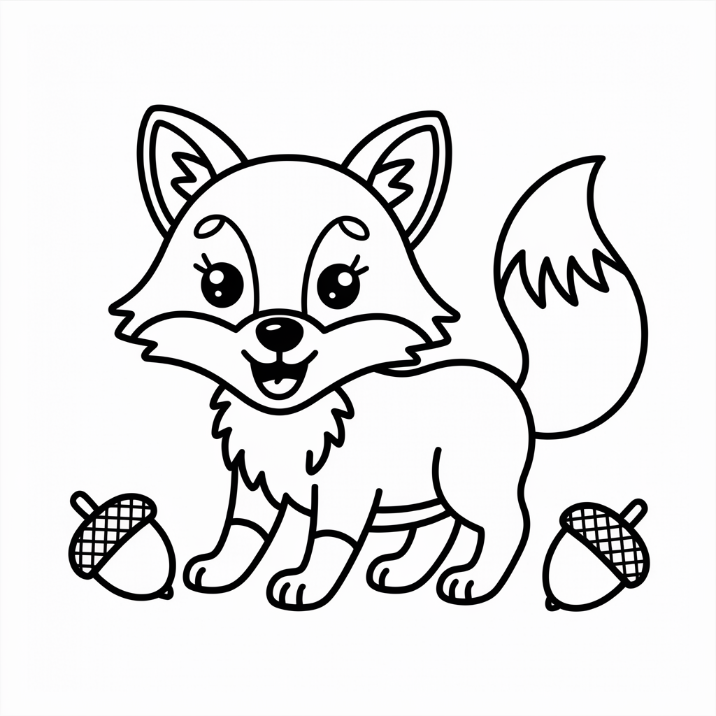 Playful Cartoon Fox Coloring Pages with Acorns 