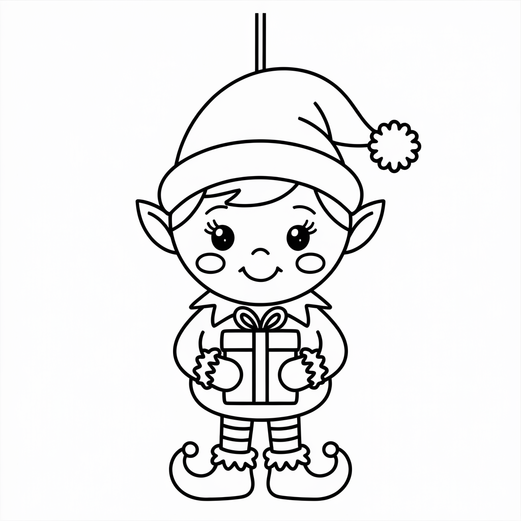 Elf Ornament Christmas Coloring Page with Holiday Gift