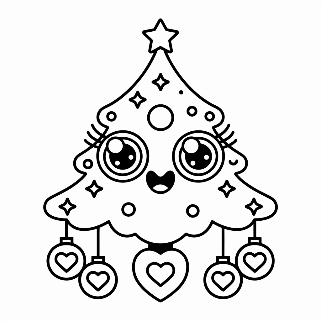 Kawaii Christmas Tree Coloring Page with Smiling Ornaments