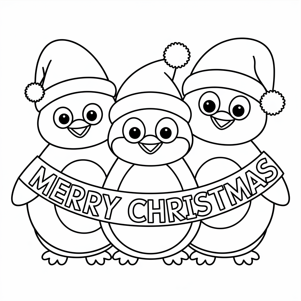 Penguin and Polar Bear Merry Christmas Coloring Pages for Toddlers