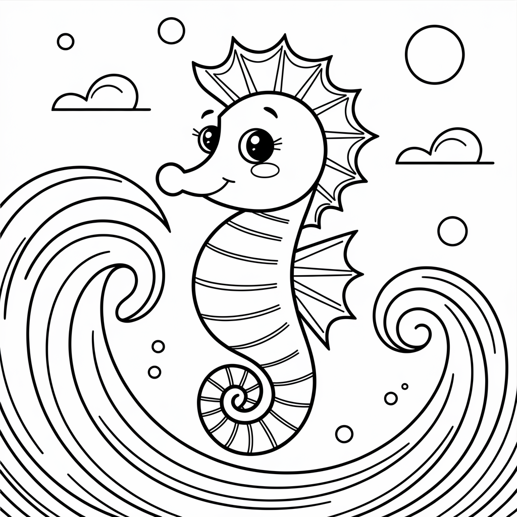 Seahorse Riding a Wave Coloring Pages 