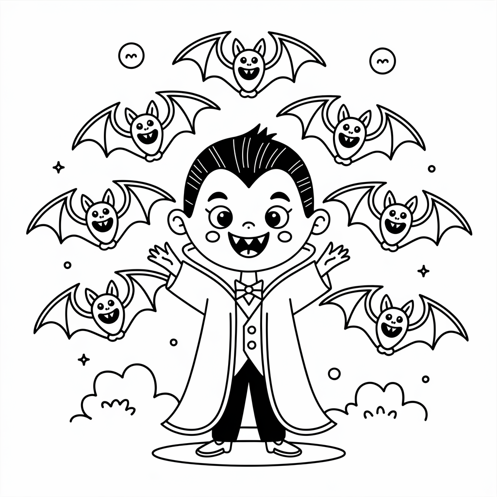 Vampire and Friendly Bats Coloring Page