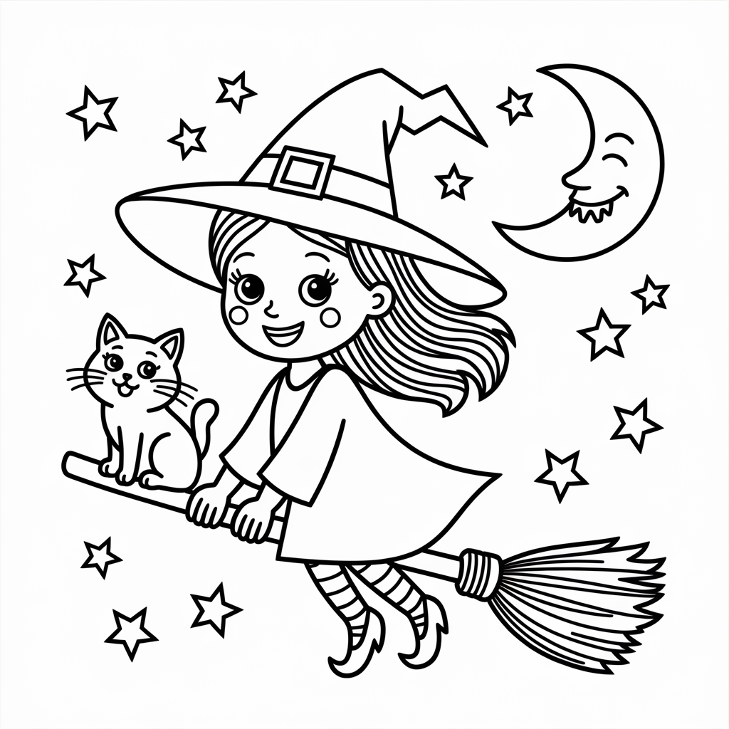 Kiki’s Witch Broom Ride Halloween Coloring Page for Kids